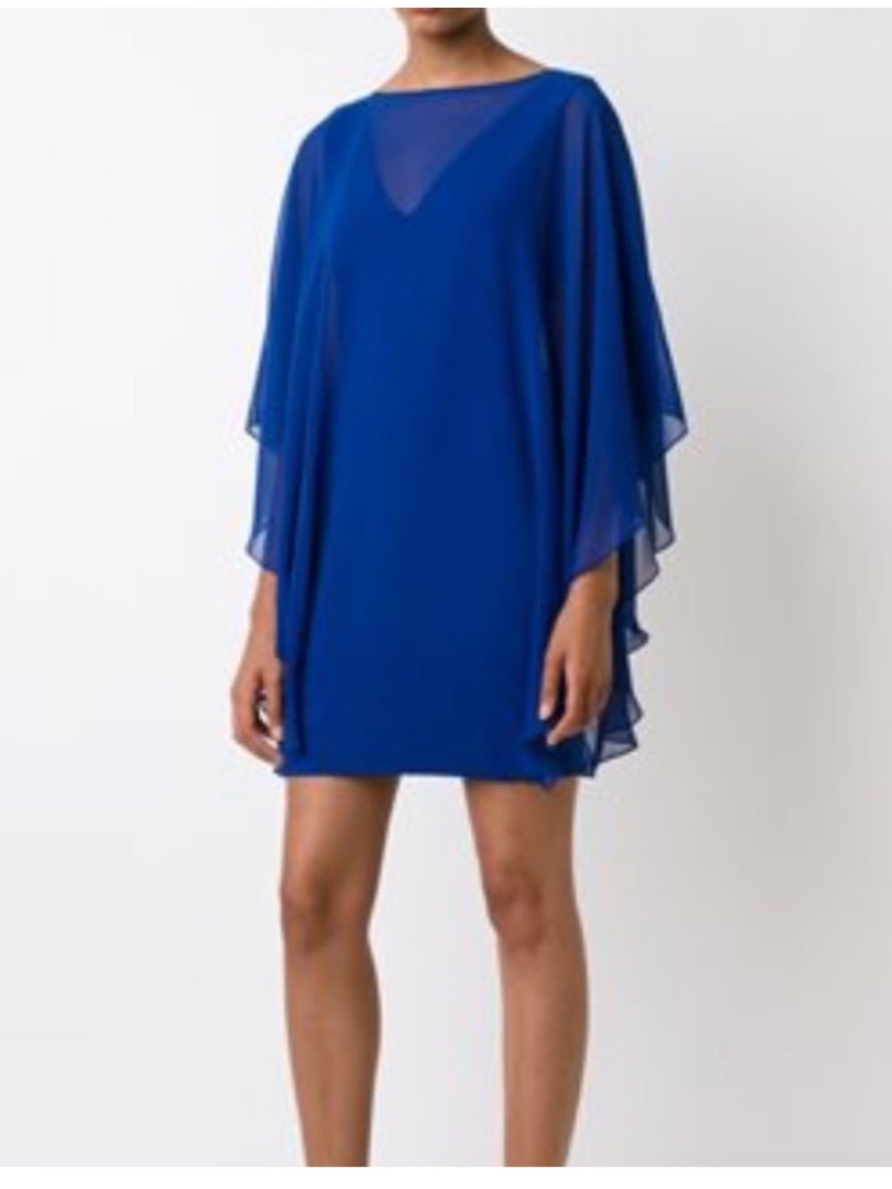 Halston Royal Blue Chiffon Overlay Cocktail Dress | Sheer Cape Sleeves V-Back 6